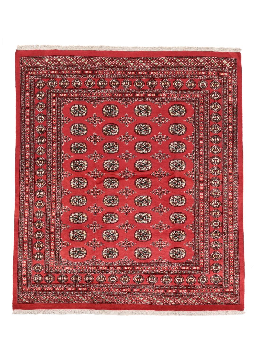 Handgeknoopt Pakistan Bokhara tapijt in dieprood met herhalende traditionele motieven