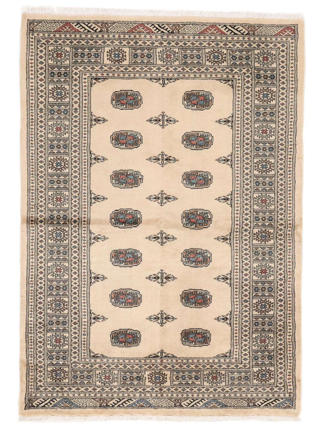 A hand-knotted Pakistan Bokhara rug with a beige field and traditional geometric motifs.