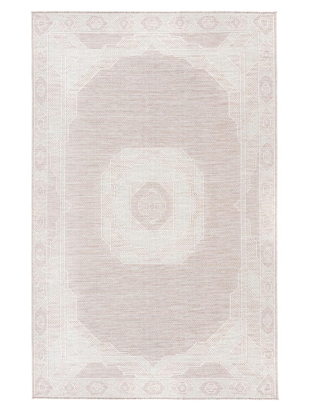 Tapis beige et blanc avec un motif de bordure géométrique