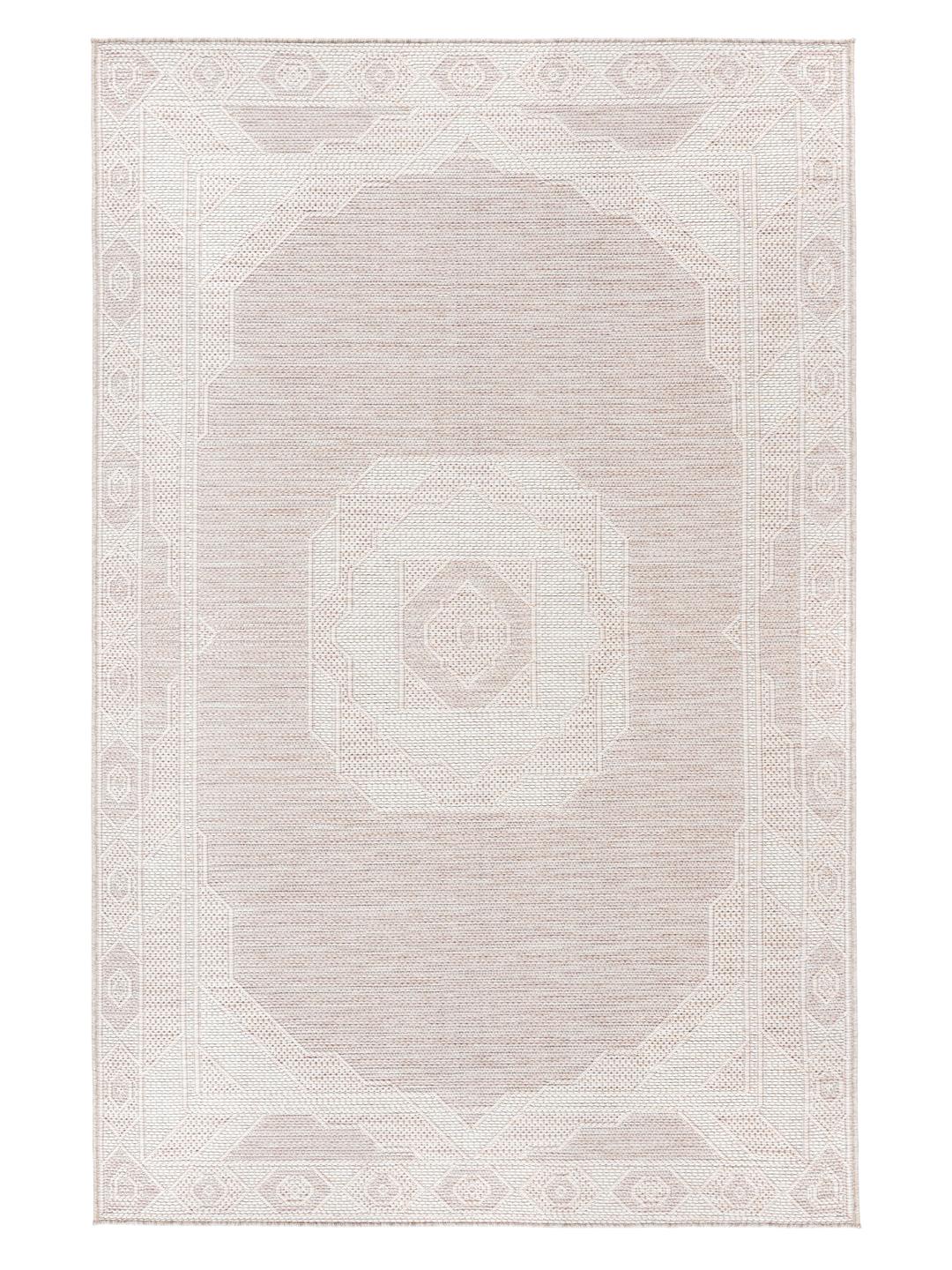 Beige og hvidt tæppe med geometrisk kantmønster