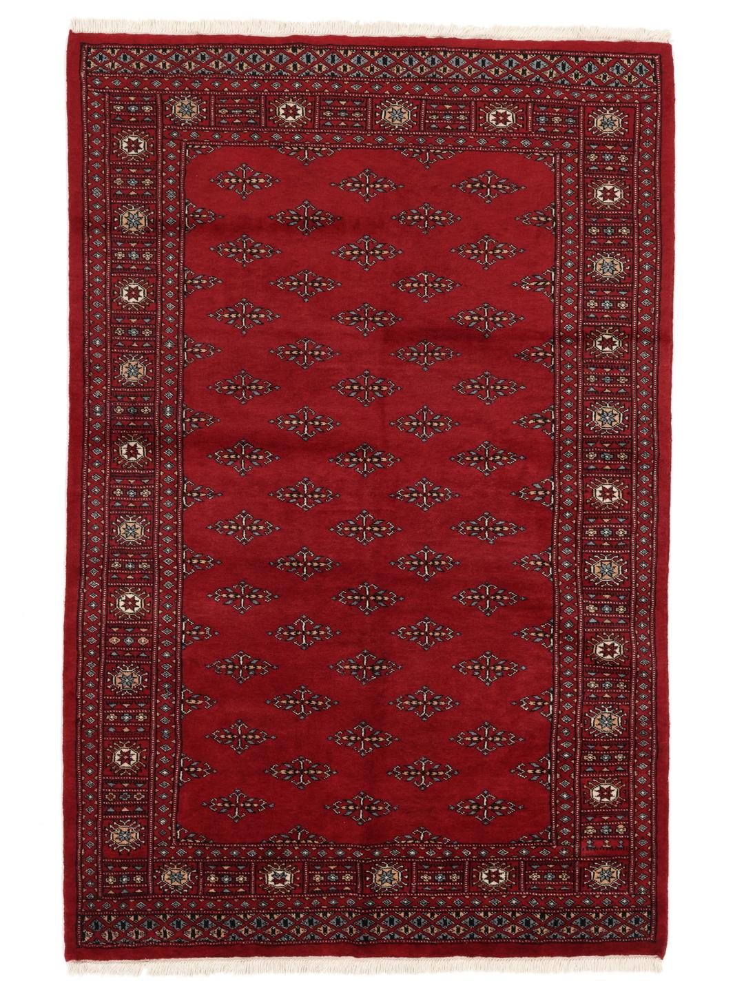 Hand-knotted Pakistan Bokhara 3ply rug in dark-red with traditional motifs