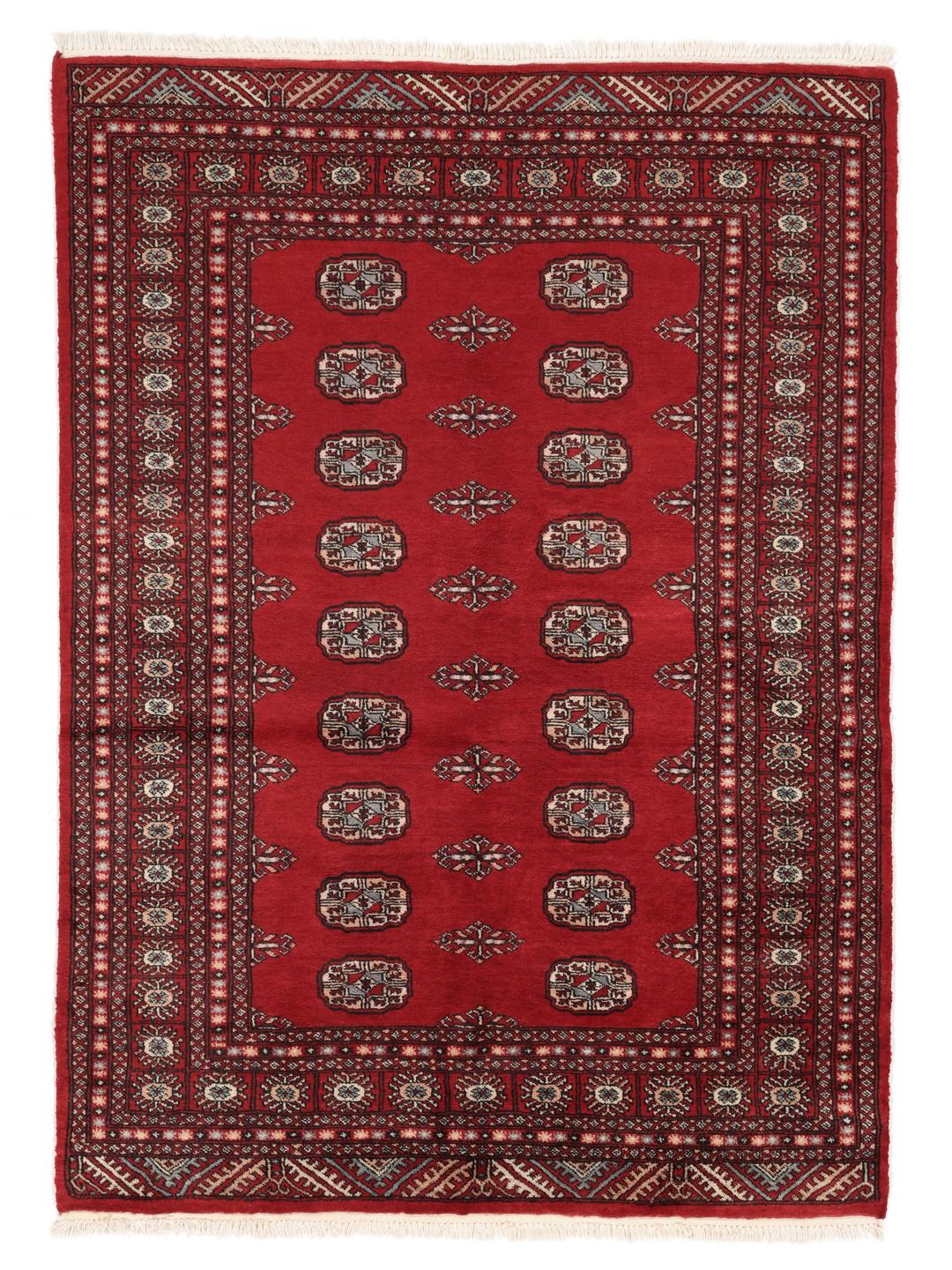 Hand-knotted Pakistan Bokhara 3ply rug with traditional red field and geometric motifs