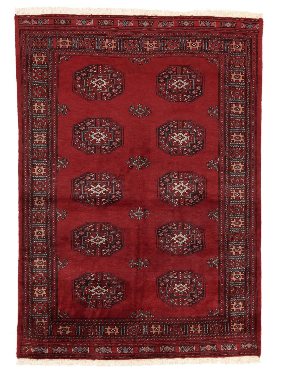 A hand-knotted Pakistan Bokhara rug in deep red with traditional gul motifs.