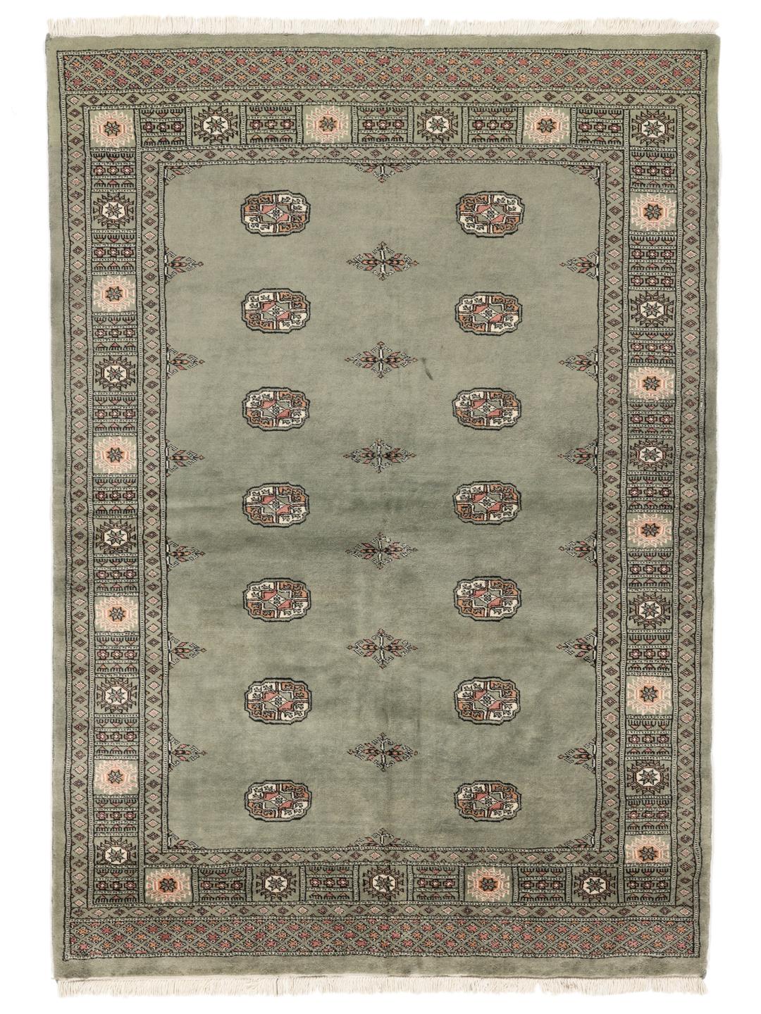 A hand-knotted Pakistan Bokhara 3ply rug with a sage green field and traditional motifs.