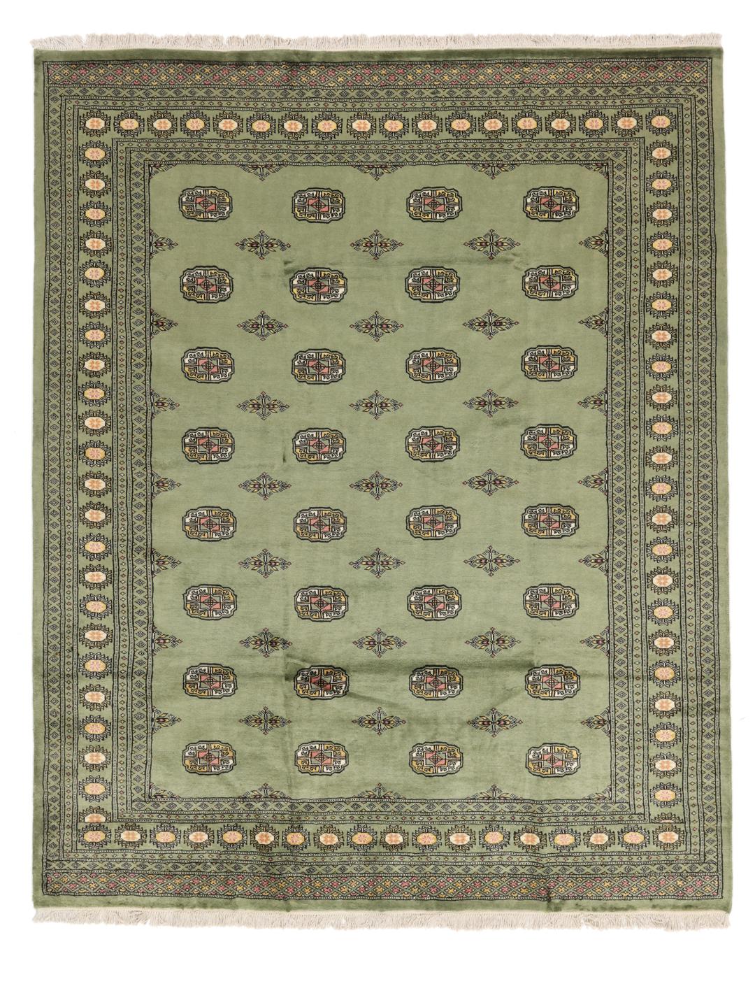 Hand-knotted Pakistan Bokhara rug in green with traditional motifs