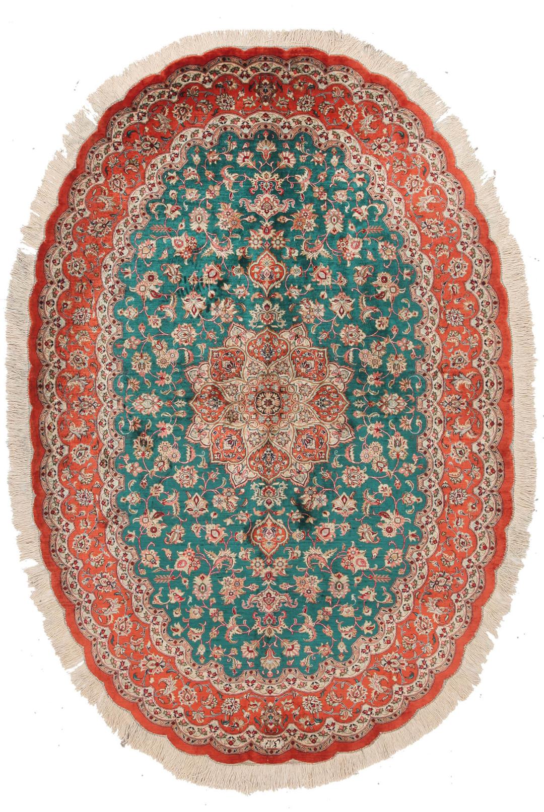 Handgeknoopt Qum zijden tapijt met ingewikkelde bloemmotieven in multicolor uit het Midden-Oosten