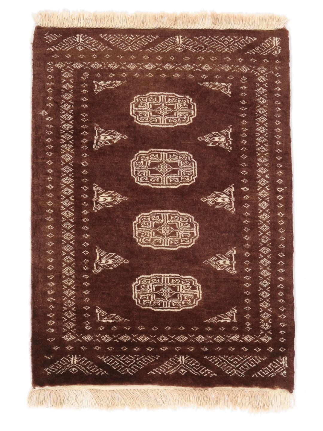 Hand-knotted Pakistan Bokhara rug in deep brown with traditional motifs