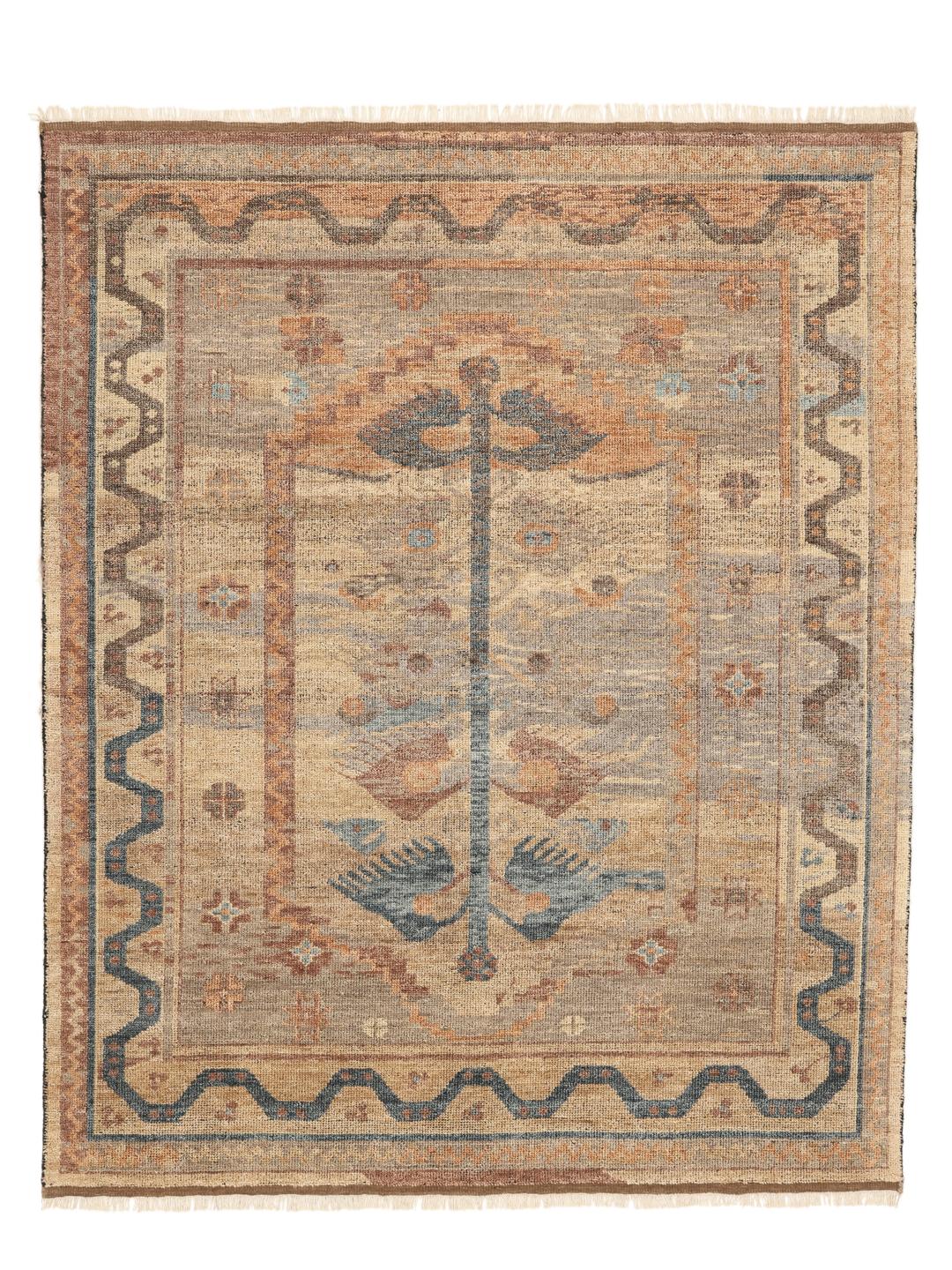 Covor Usak înnodat manual din India cu un design floral bej și albastru