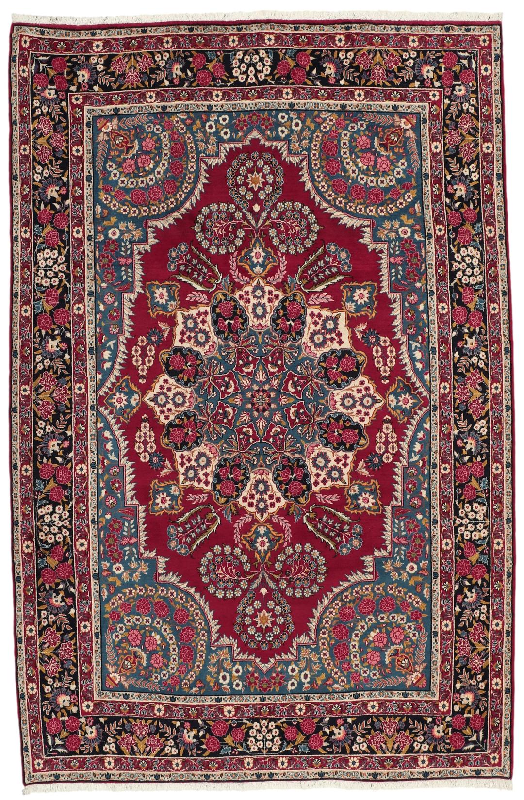 Handgeknoopt Keshan-tapijt met bloemmotieven in donkerrood en blauw