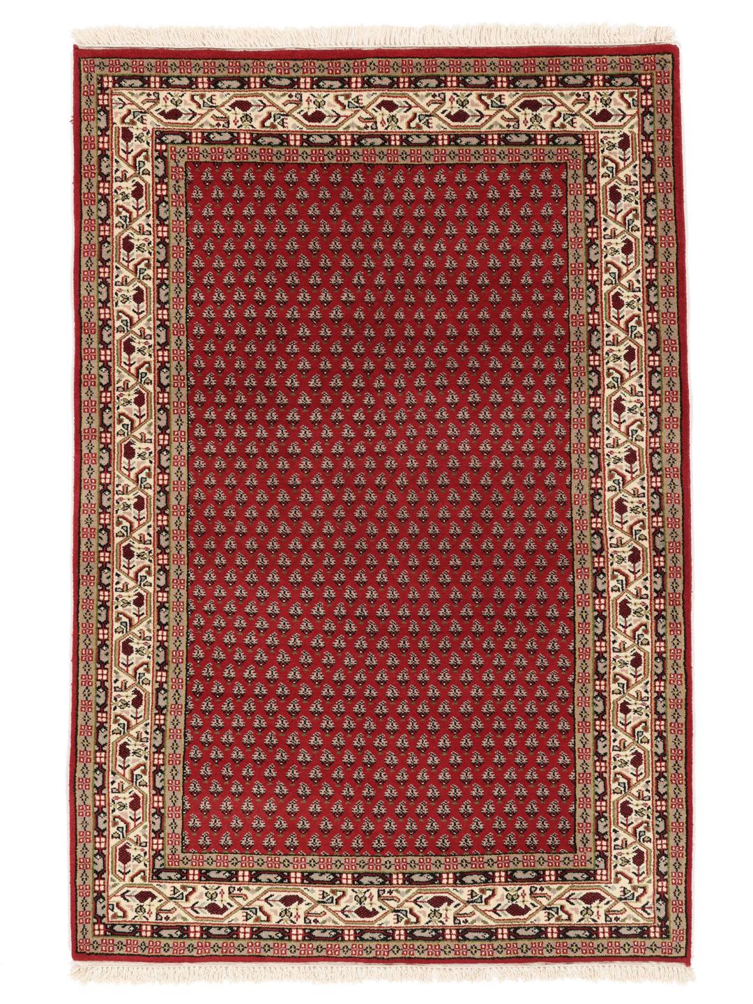 Handgeknoopt rood Mir Indo tapijt met traditionele bloemmotieven uit India.