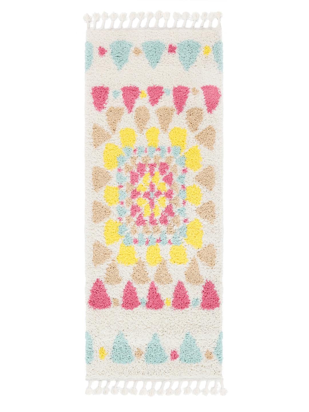 Tapis de couloir en blanc et multicolore avec franges