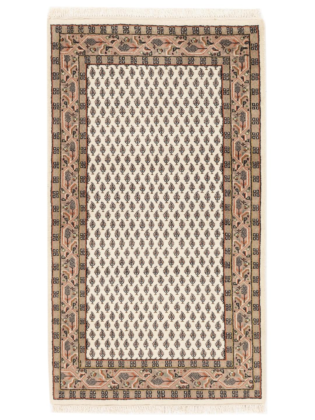 Tapis Mir Indo noué à la main en provenance d'Inde avec un design à motifs beige et marron.