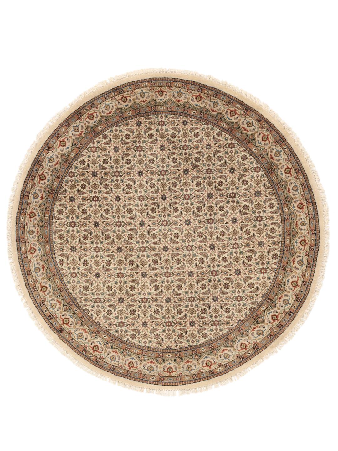 Rond Mir Indo-tapijt met ingewikkelde bloempatronen in beige, blauw en rood uit India