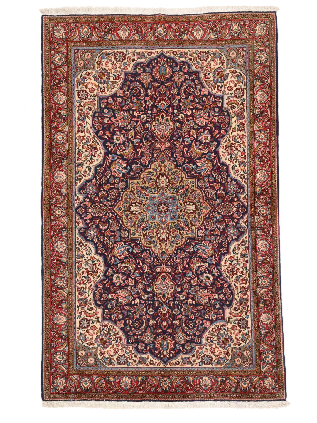 A hand-knotted Sarough rug from the Middle East with a multicolor floral medallion pattern.