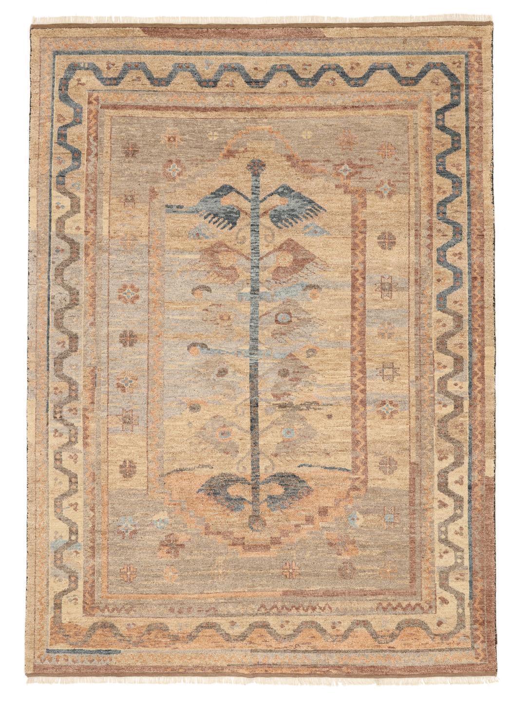 Handgeknoopt Indiaas Usak-tapijt in beige en blauw met een levensboompatroon.