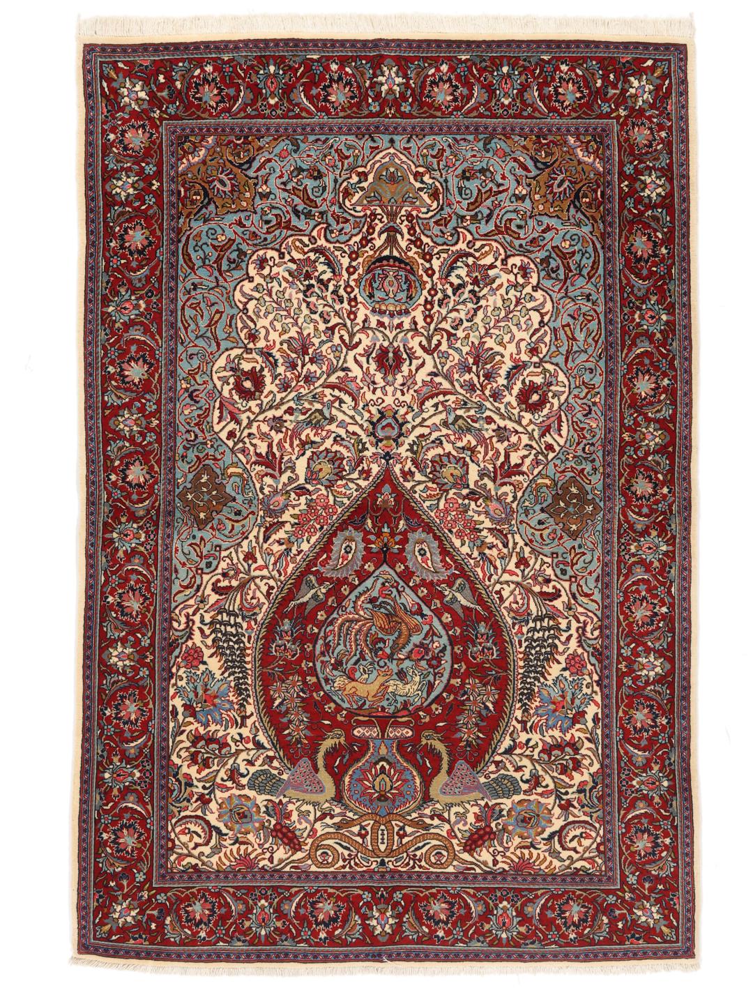 Hand-knotted Sarough rug from the Middle East featuring a vibrant red and blue pictorial floral design