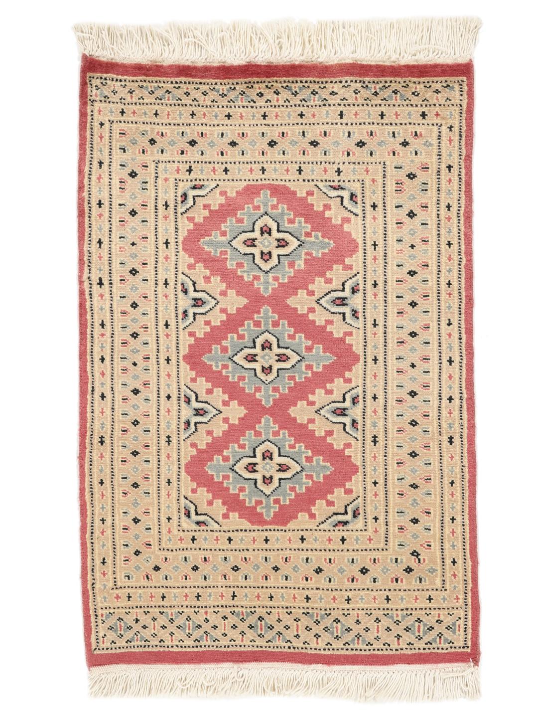 Hand-knotted Pakistan Bokhara rug with red and beige geometric floral patterns