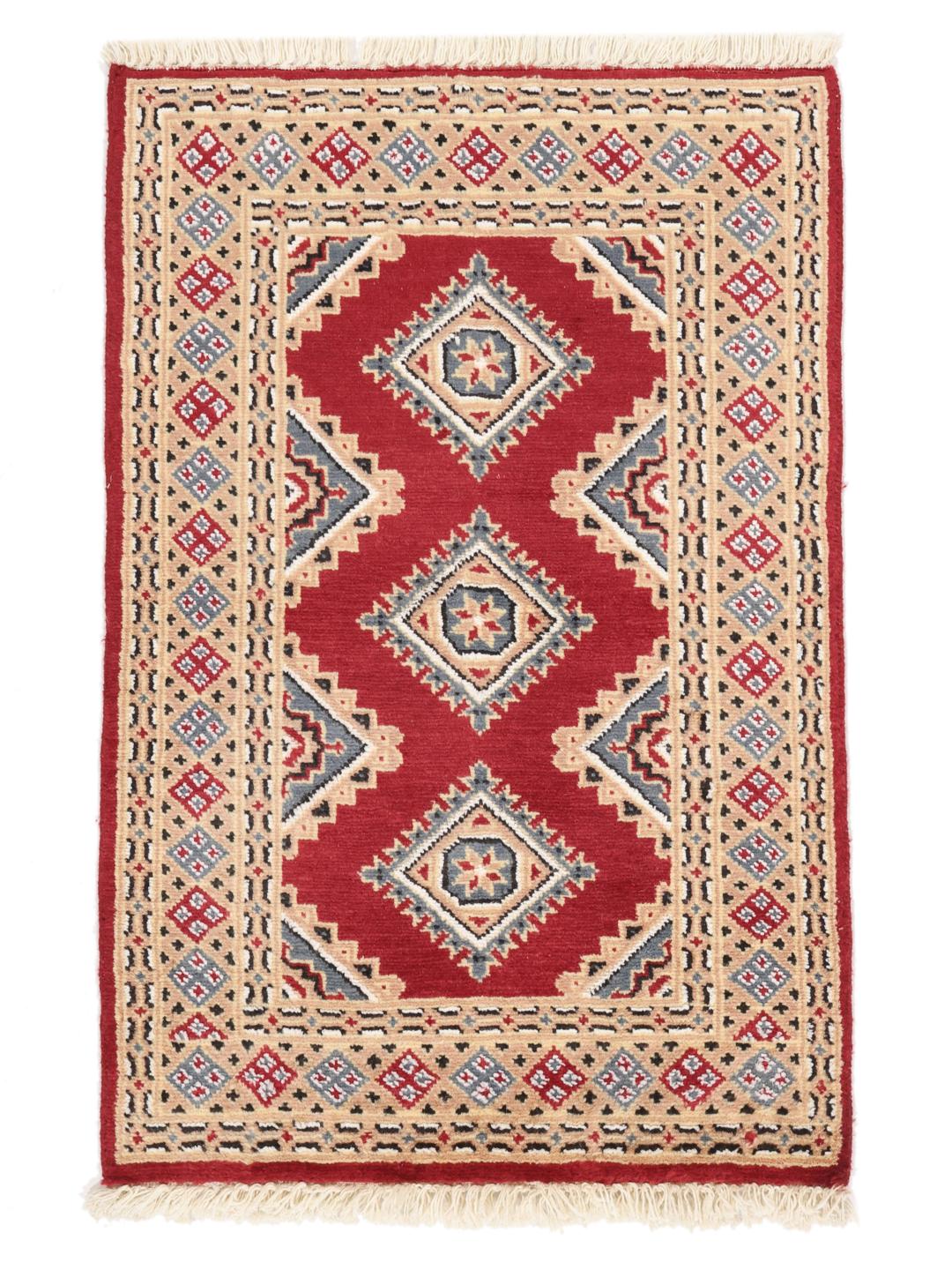 Hand-knotted red Pakistan Bokhara rug with geometric patterns