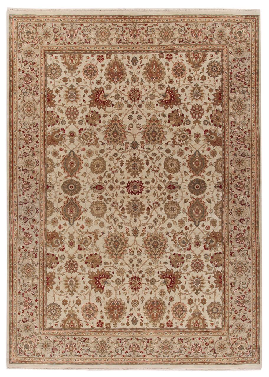 Handgeknoopt Indiaas kleed met een klassiek bloemmotief in beige en rode tinten.