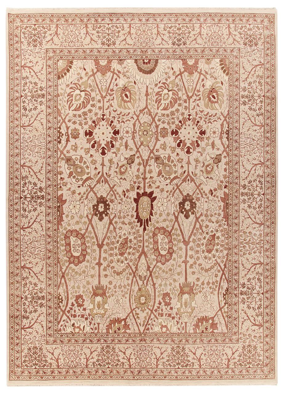 Handgeknoopt Indiaas tapijt met bloemmotieven in beige en rode tinten.