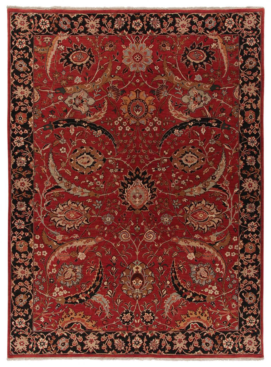 Alfombra india anudada a mano con un rico patrón floral rojo