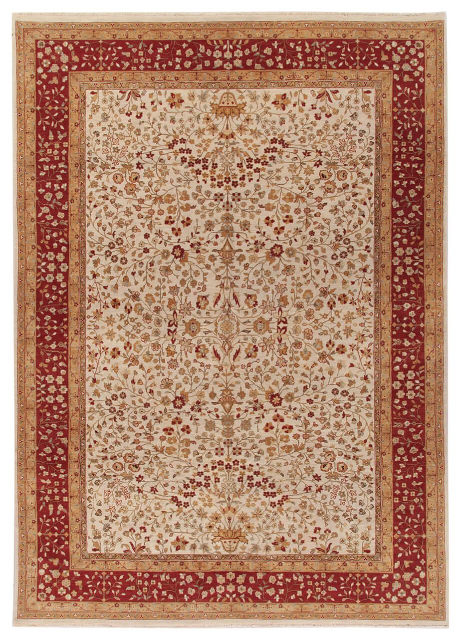 Handgeknoopt Klassiek Oosters tapijt uit India met beige en rode bloemmotieven