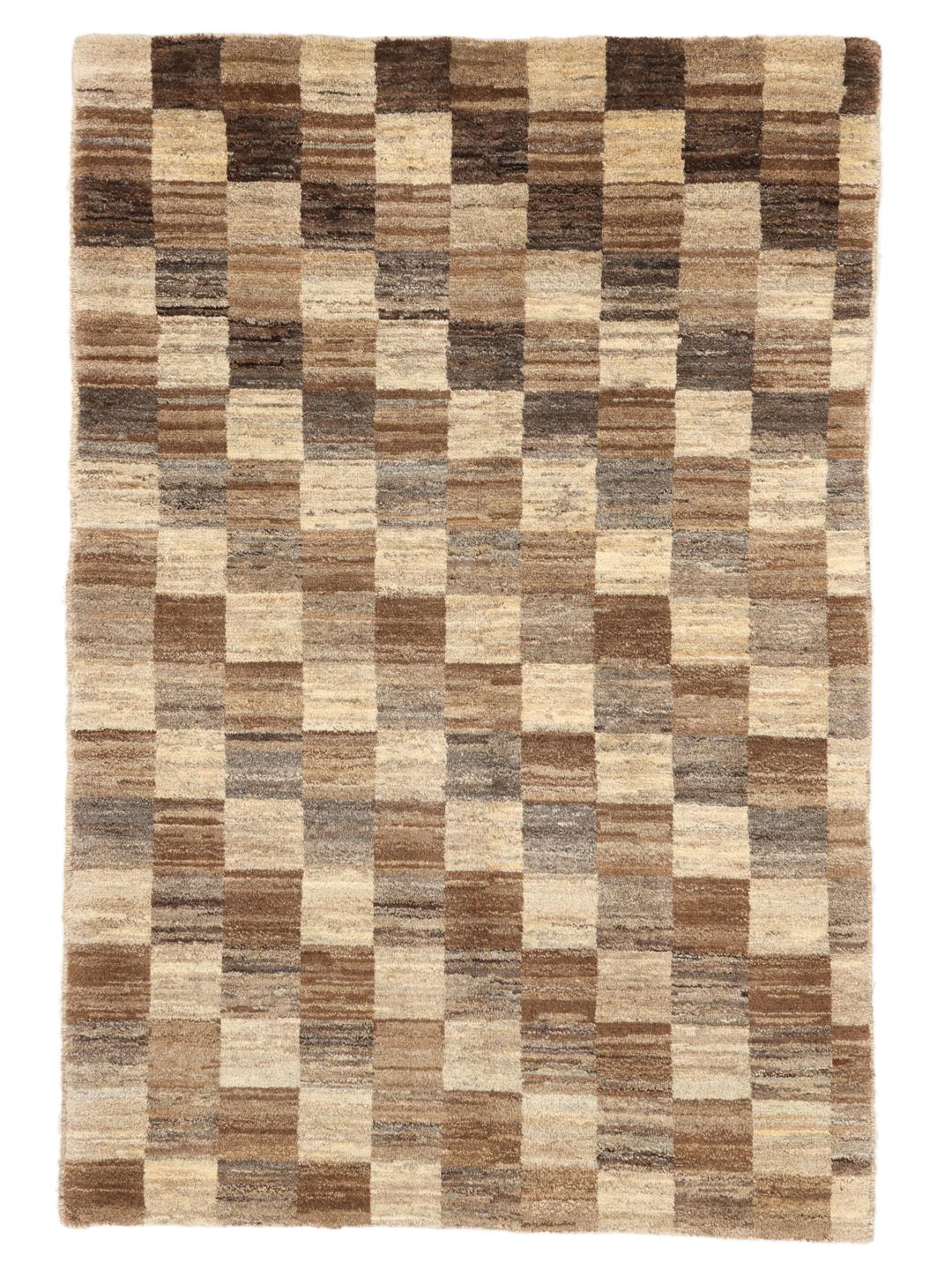 Met de hand geknoopt Gabbeh Fine wollen tapijt met een bruin en beige geblokt patroon uit het Midden-Oosten
