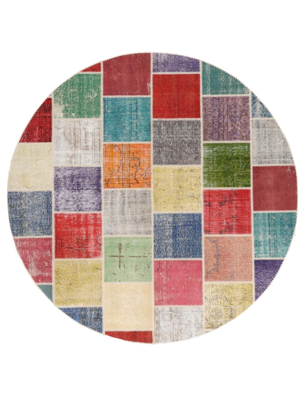 Rundt flerfarvet patchwork-tæppe fra Mellemøsten med et levende geometrisk design