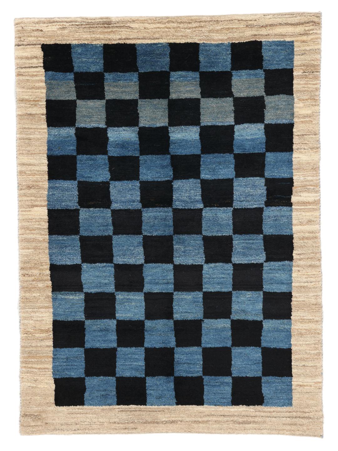 Handgeknoopt Gabbeh-tapijt van Wol uit het Midden-Oosten in een blauw en zwart dambordpatroon