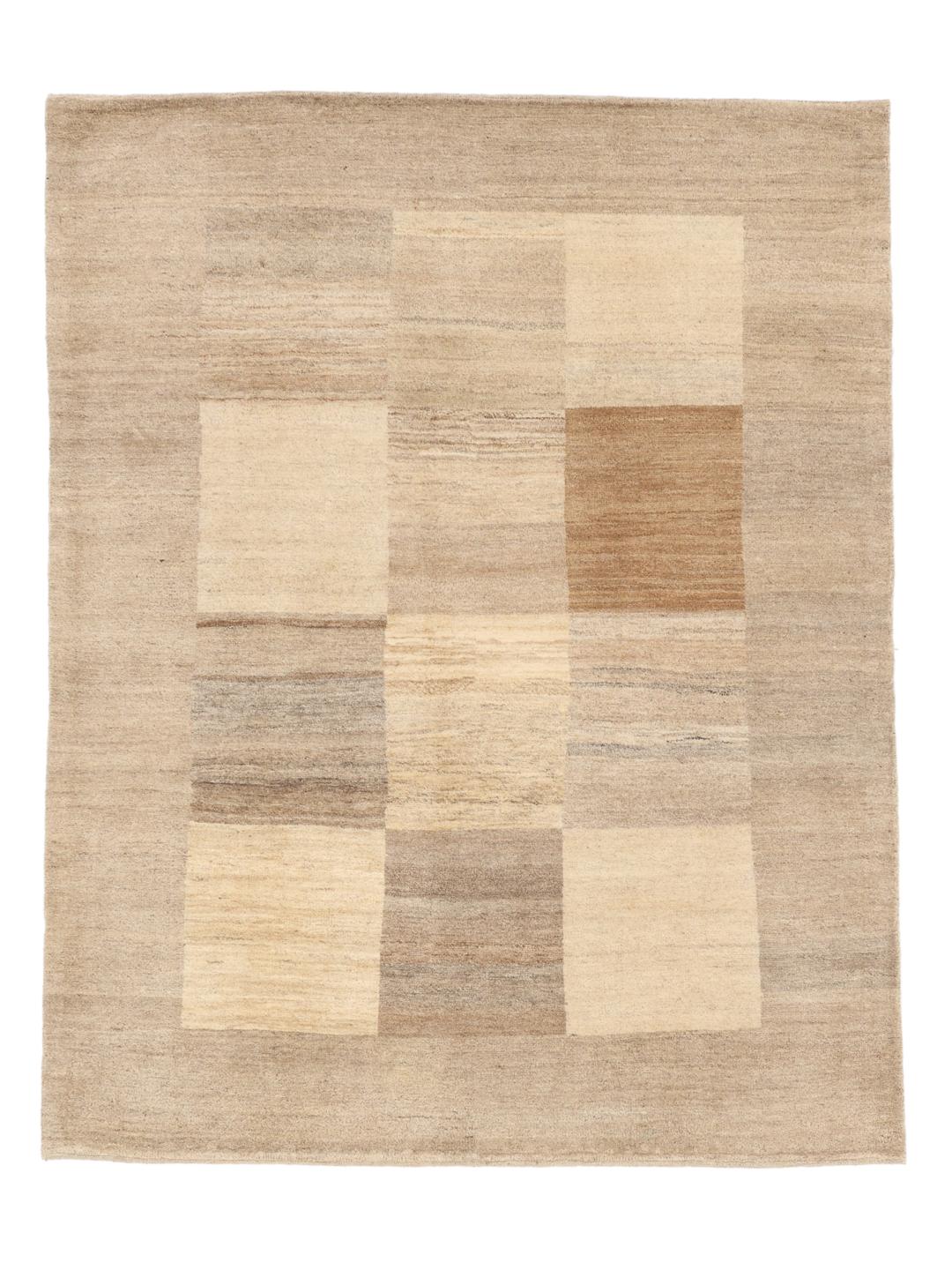 Hand-knotted Gabbeh Fine Wool rug with a geometric pattern in beige tones from the Middle East.
