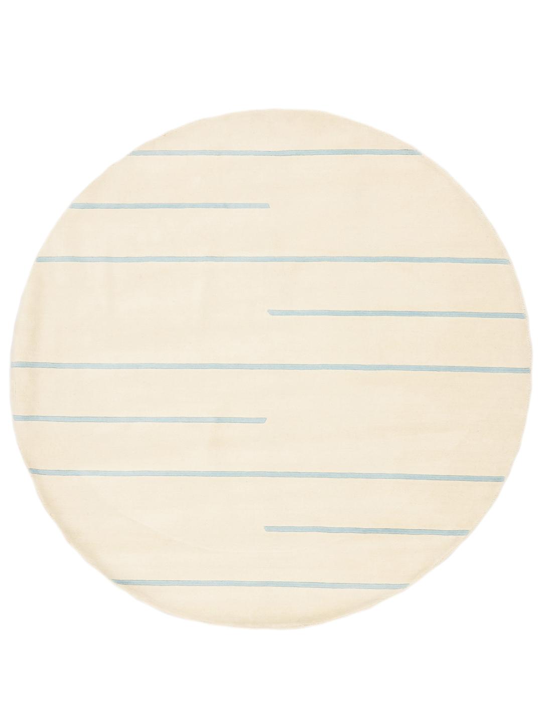 Rundt håndvævet tæppe med minimalistiske linjer fra Indien i beige og lyseblå