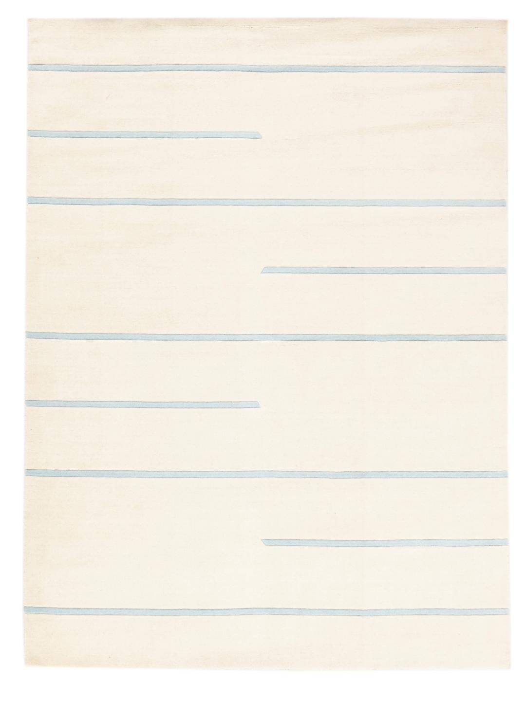 Et moderne beige og lyseblåt tæppe med et minimalistisk design af vandrette linjer fra Indien