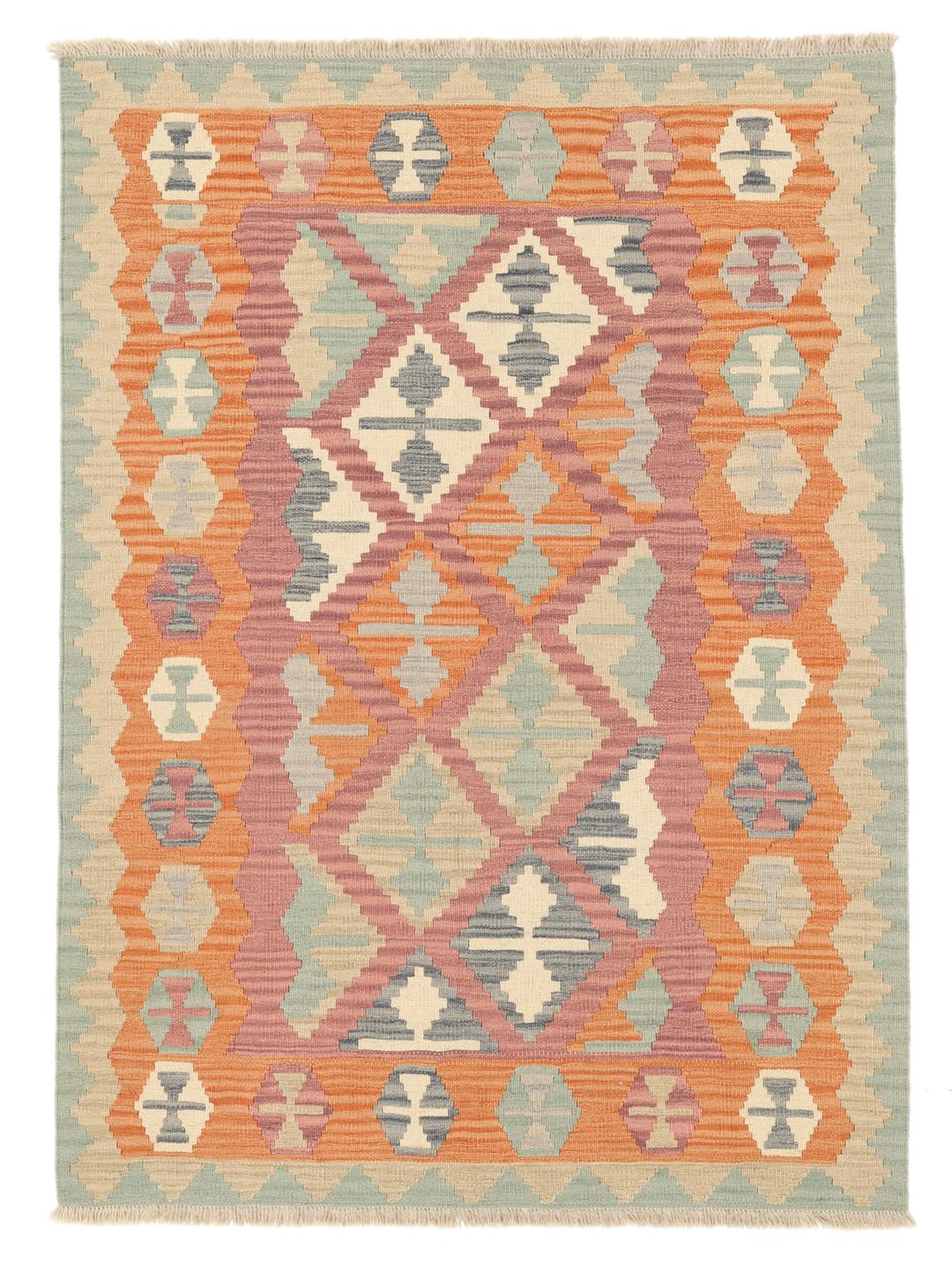 A rectangular hand-woven Kelim Ghashghai rug from the Middle East in multicolor Wool.