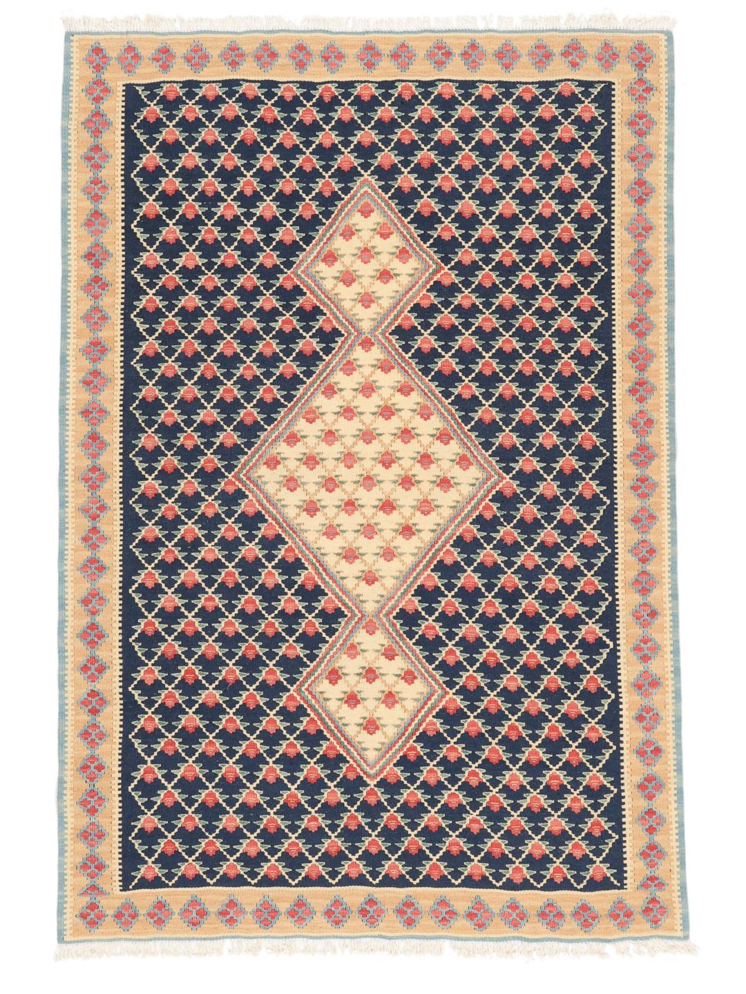 A hand-woven Kelim Senneh Fine rug from the Middle East in dark-blue and beige tones.