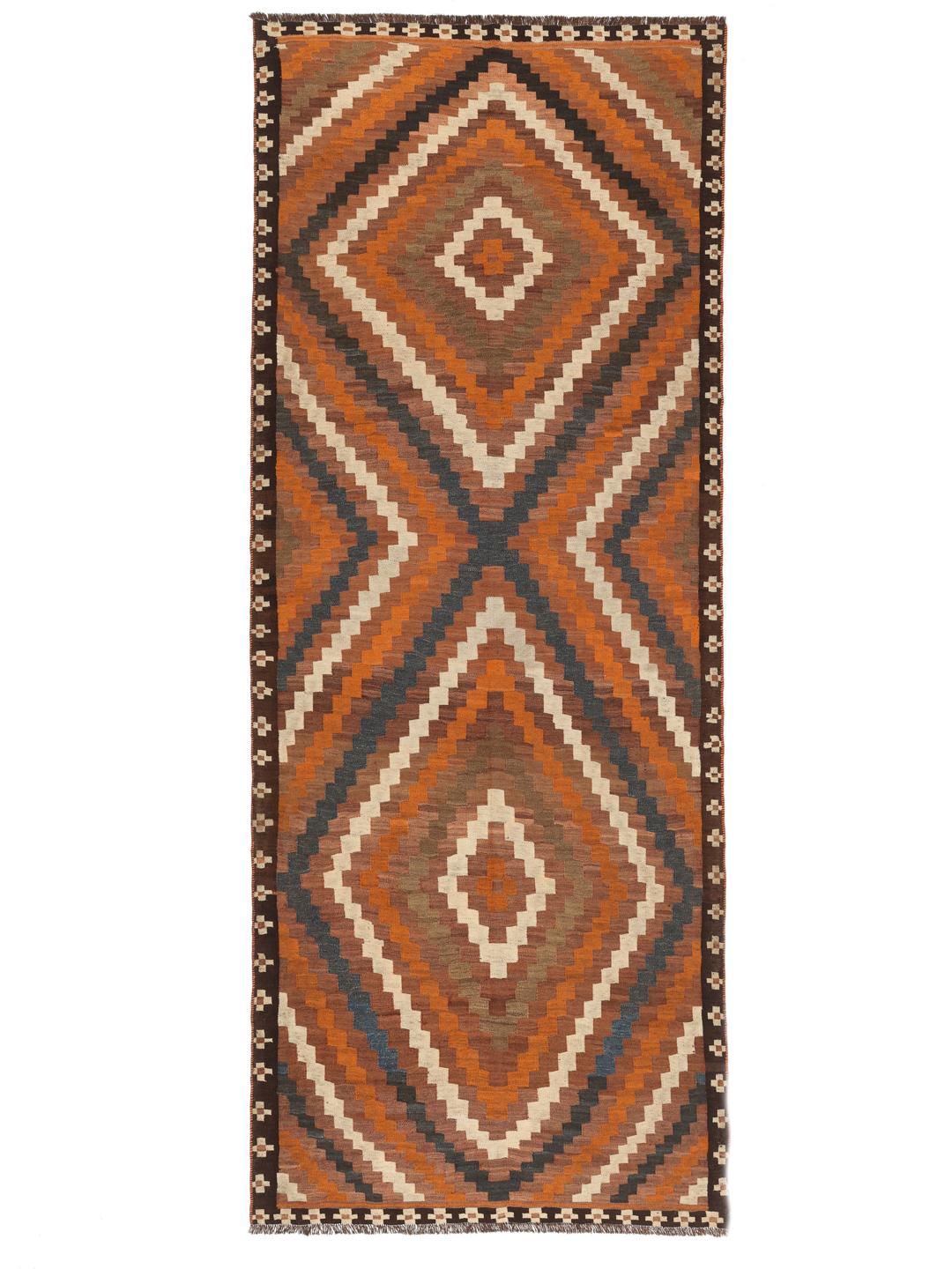 Vintage loper uit het Midden-Oosten in oranje en aardetinten met geometrische patronen