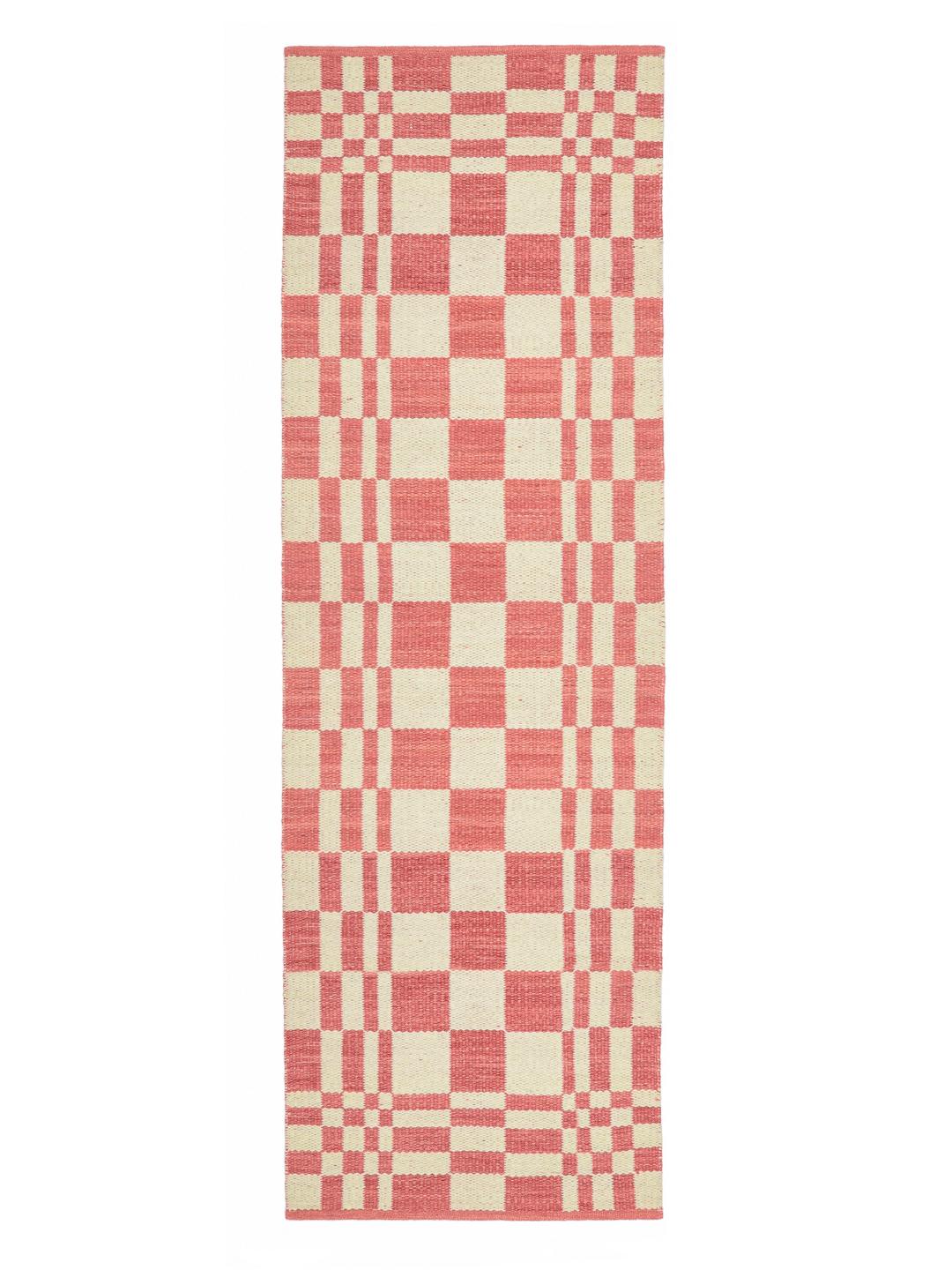 Tapis de couloir tissé à la main rose et ivoire avec un motif à carreaux