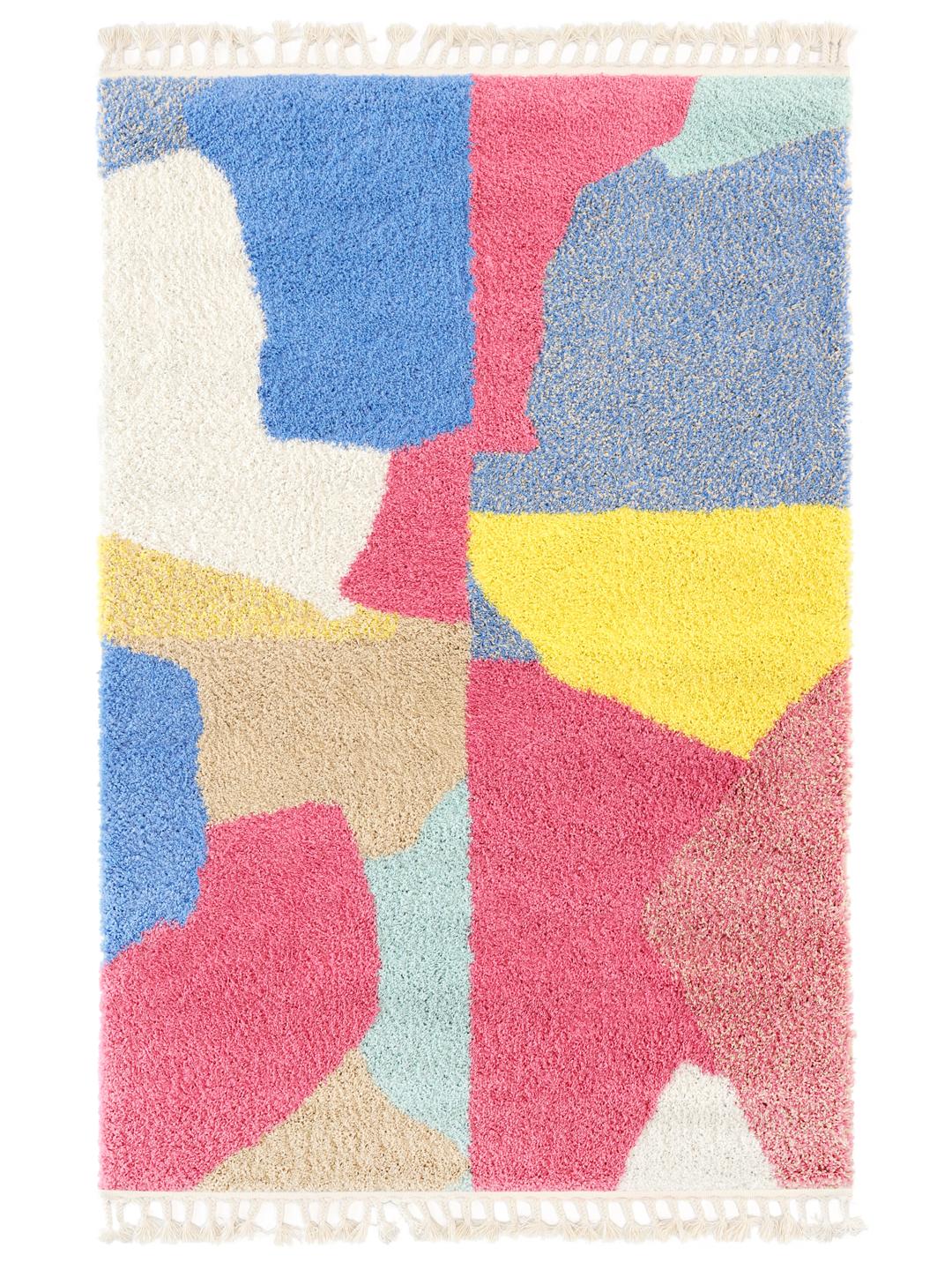 Multicolor vloerkleed met geometrisch patroon en franjes