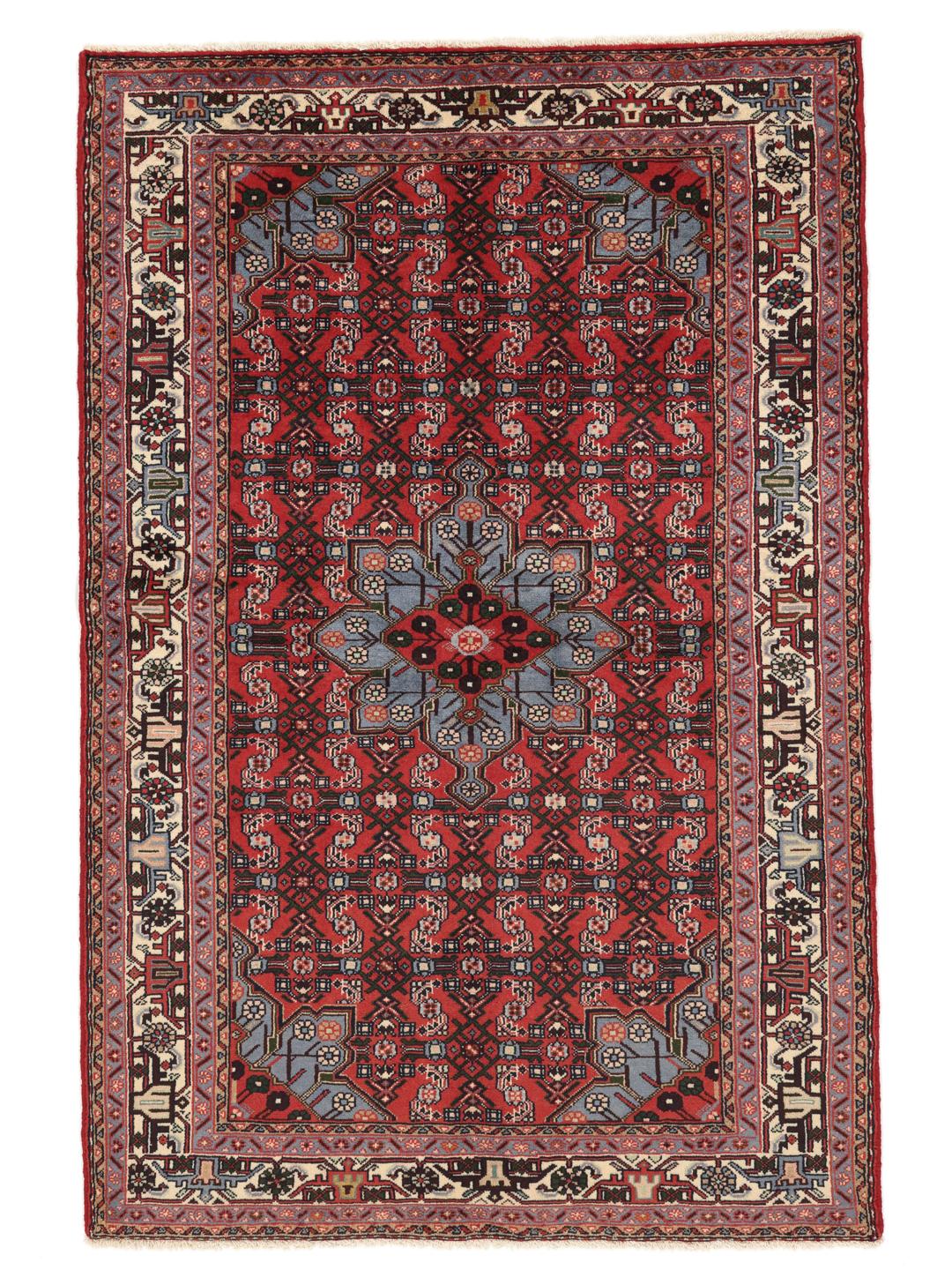 A hand-knotted Hamadan rug from the Middle East with a red field and intricate patterns.