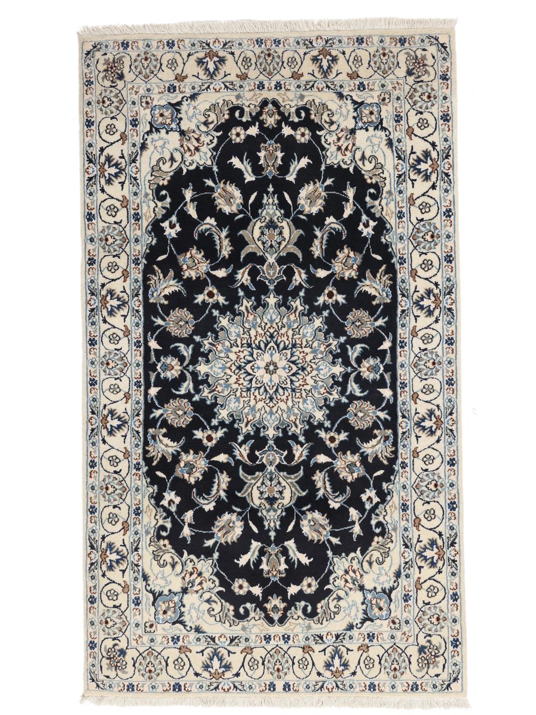 A hand-knotted Nain rug from the Middle East featuring a black field and floral medallion in beige and blue tones.