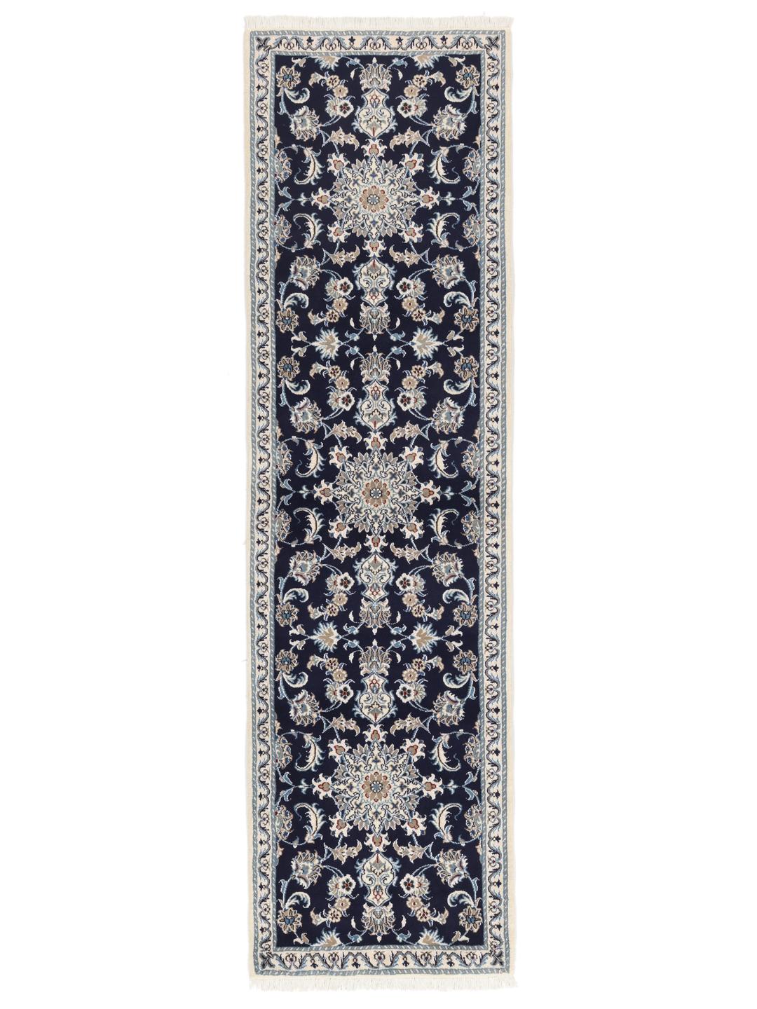 Hand-knotted Nain runner with floral motifs in dark blue