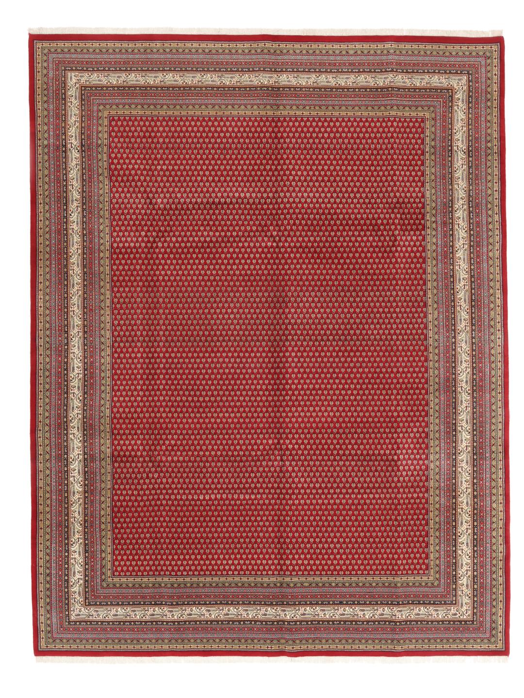 Tapis noué à la main Mir Indo originaire d'Inde en rouge profond avec des motifs répétitifs traditionnels