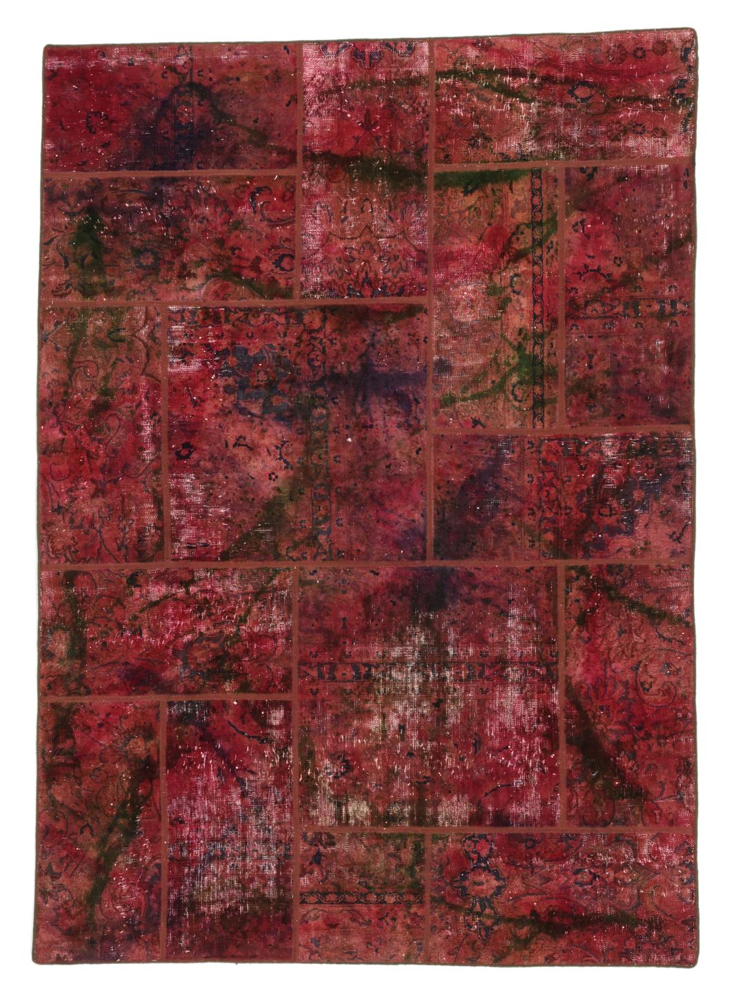 Hand-knotted patchwork rug with a dark-red and dark-green colour palette from the Middle East
