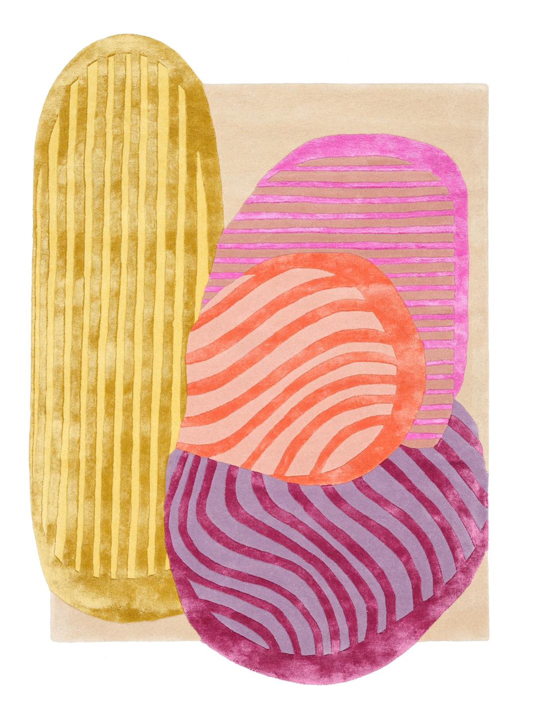 Multicolor vloerkleed met een onregelmatige vorm en abstracte vormen
