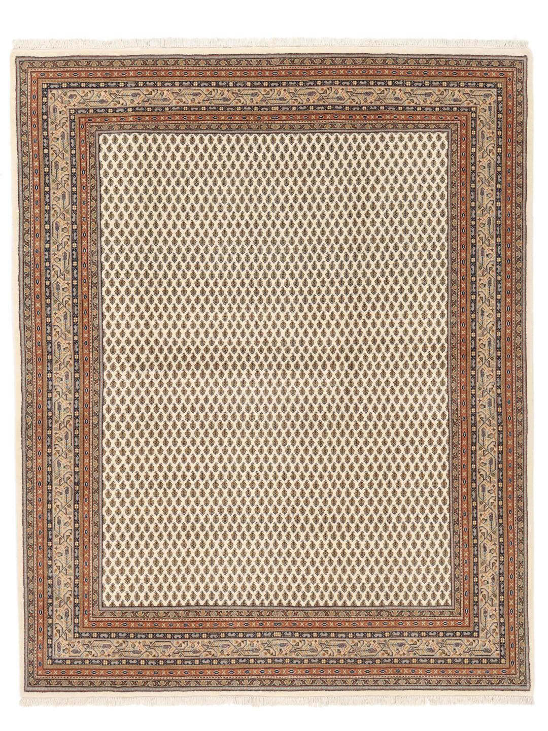 Tapis Mir Indo noué à la main en provenance d'Inde avec un fond beige et des motifs floraux traditionnels.