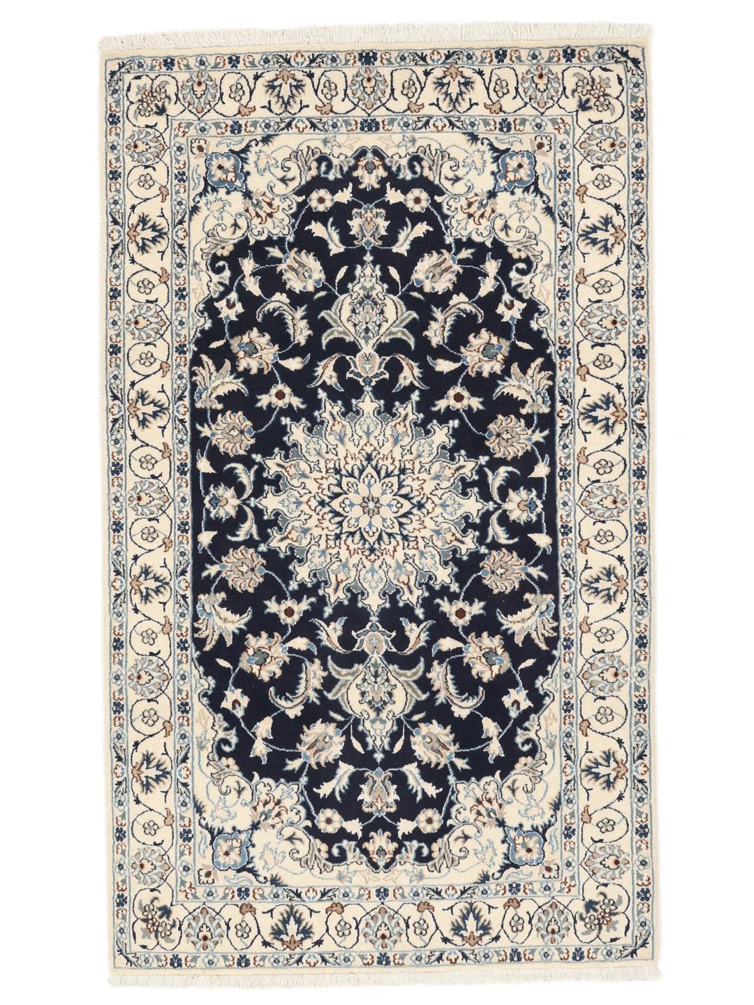 Authentic hand-knotted Nain rug with dark blue field and ivory floral patterns