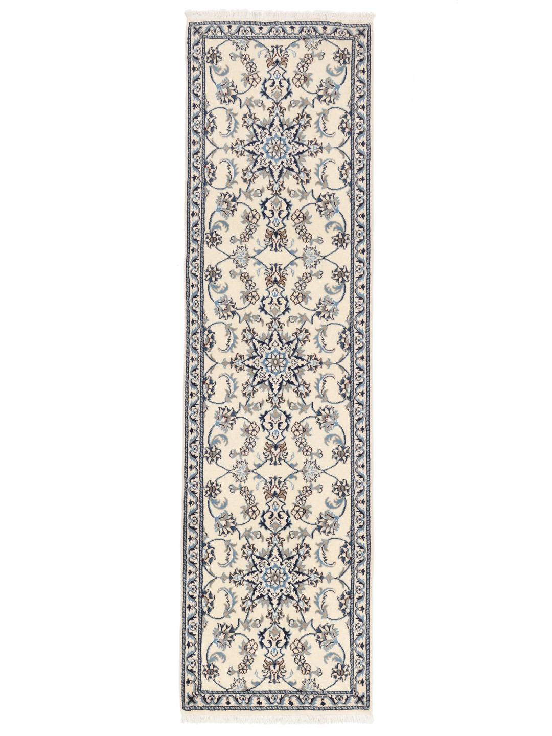 Hand-knotted Nain runner with floral motifs in beige and blue