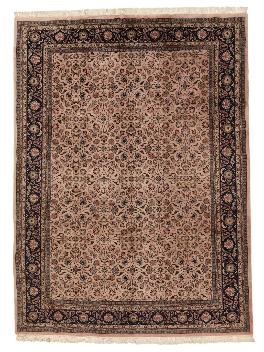 Handgeknoopt Mir Indo tapijt uit India met bloemmotieven in beige en donkerblauw