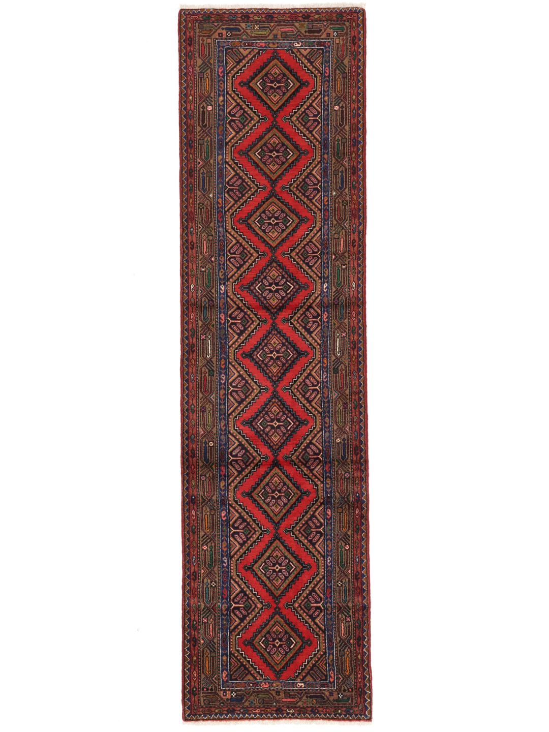Hand-knotted wool runner rug from the Middle East in dark-red with geometric patterns