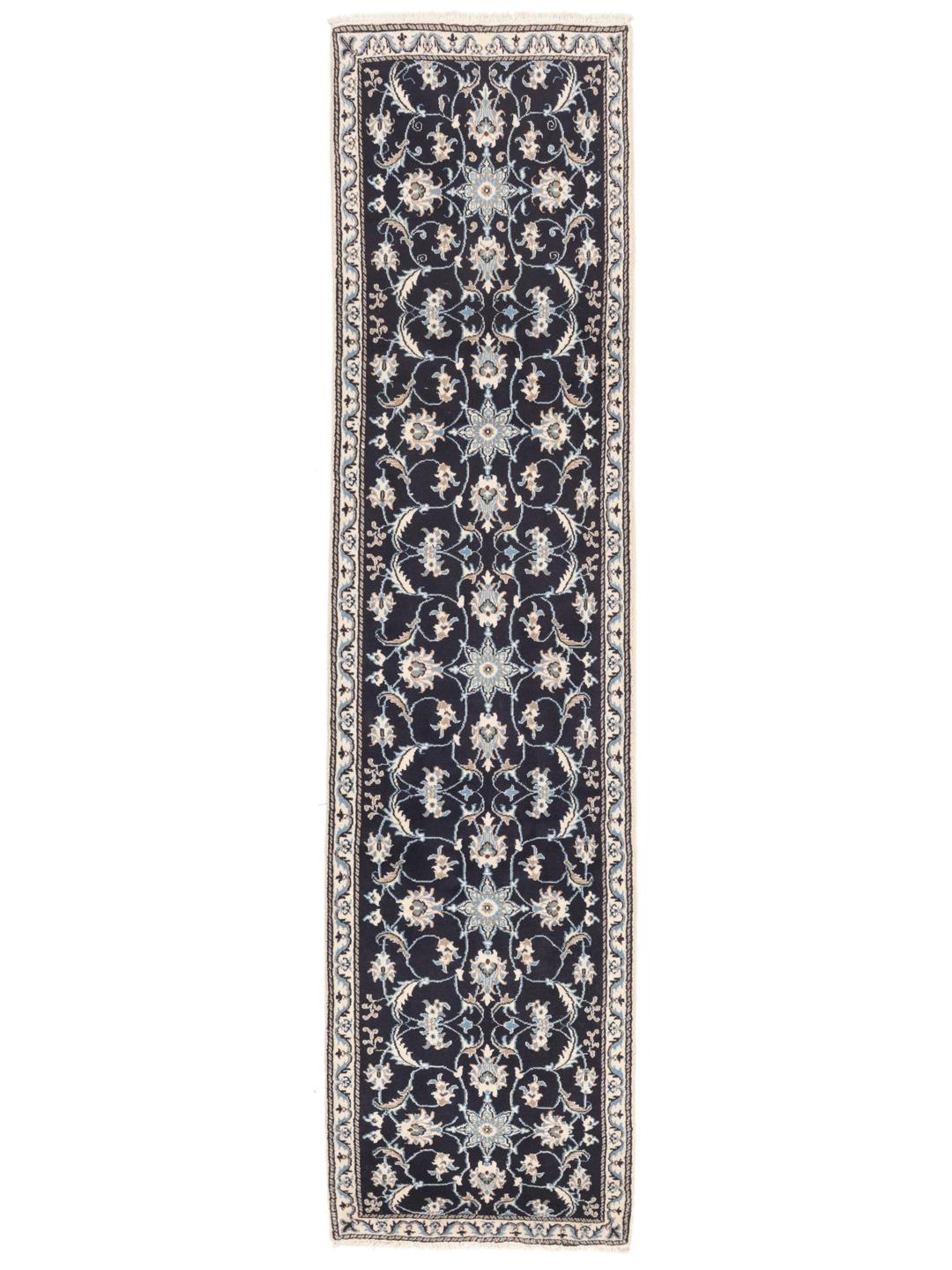 Hand-knotted Nain runner with floral patterns in dark blue and beige tones