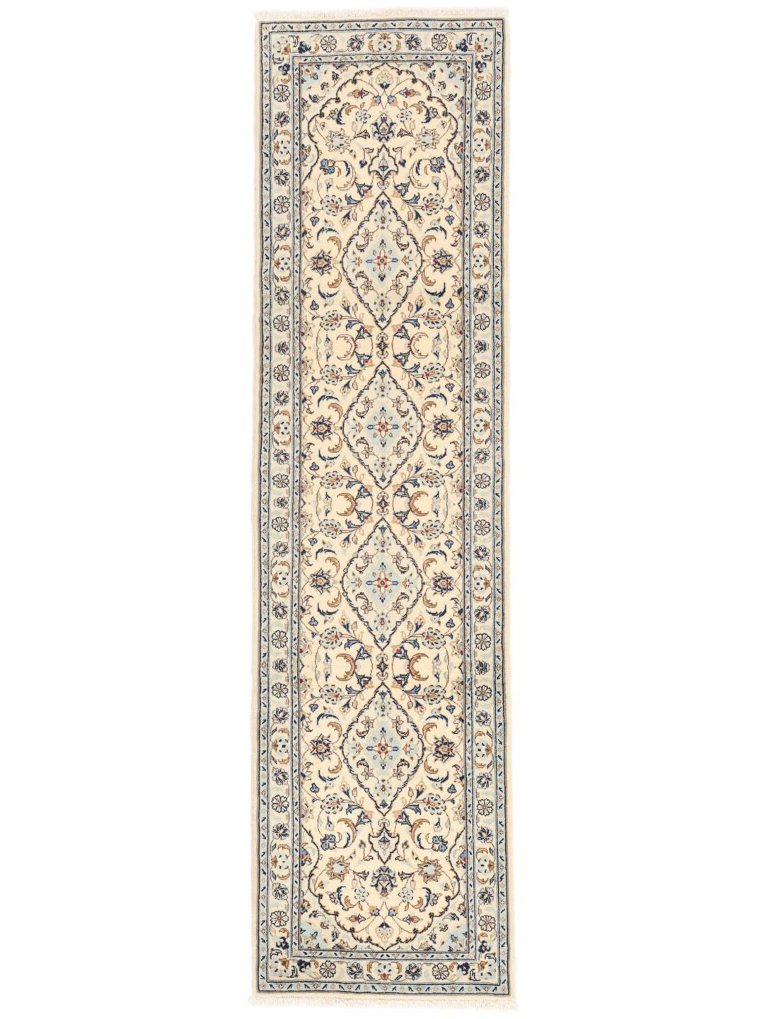 A sophisticated Keshan runner with intricate floral patterns in beige and blue from the Middle East.